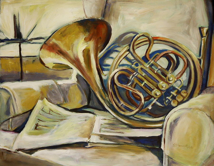An artistic painting of a French horn resting on a soft surface next to sheet music, evoking a sense of nostalgia and musicality.